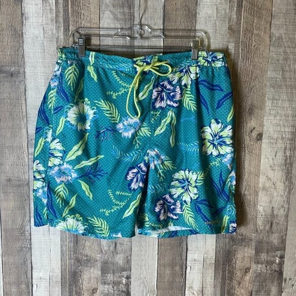 Vineyard Vines Teal Green Lined Hawaiian Print Swim Trunks - Picture 1 of 5